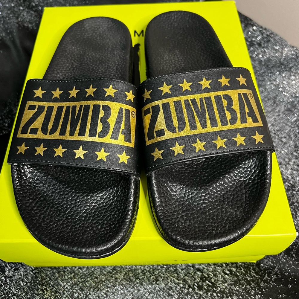 Zumba Black and Gold Slides Slip-On Sandals 2.0 Women’s size 8